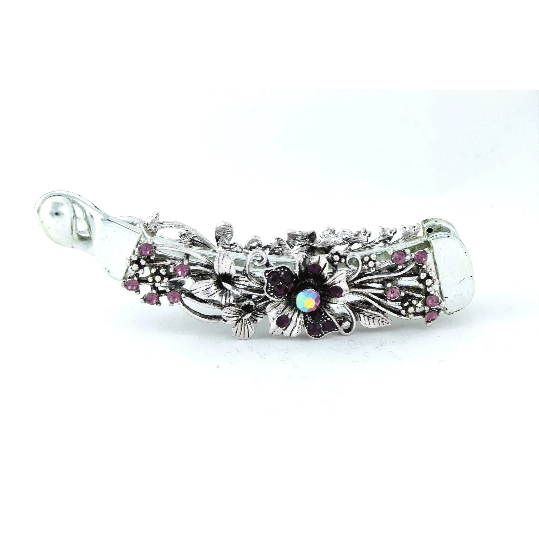 Gun metal color banana hair clip with dark violet flowers