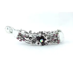 Gun metal color banana hair clip with dark violet flowers