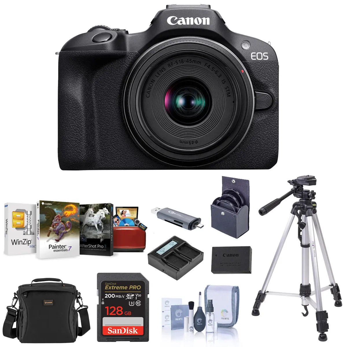 Canon EOS R100 Compact Mirrorless Camera with RF-S 18-45mm f/4.5-6.3 IS STM Lens, Bundle with Extra Battery, Memory Card, Dual Charger, Tripod & Software Kit