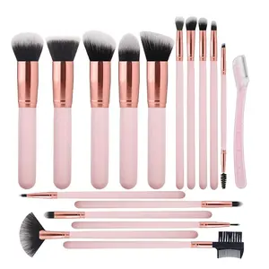 16PCS Makeup Brush Set with Eyebrow Razor – Premium Synthetic Brushes for Foundation, Powder, Concealer, Eyeshadow & Blush (Pink)