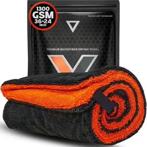 X- Large  Drying Towel, 36x24 Microfiber Towels for , 1300 GSM, 70/30 Blend, Dual-Sided Highly Absorbent Twisted-Loop Edgeless  Detailing Cloth, Scratch/Streak-Free [Orange/Black]