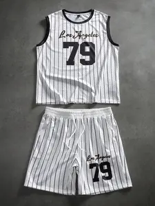 Unisex Los Angeles 79 Print Striped Mesh Sports Set, Sleeveless Tank Top and Shorts Two-Piece Summer, Casual Loose-Fit Style