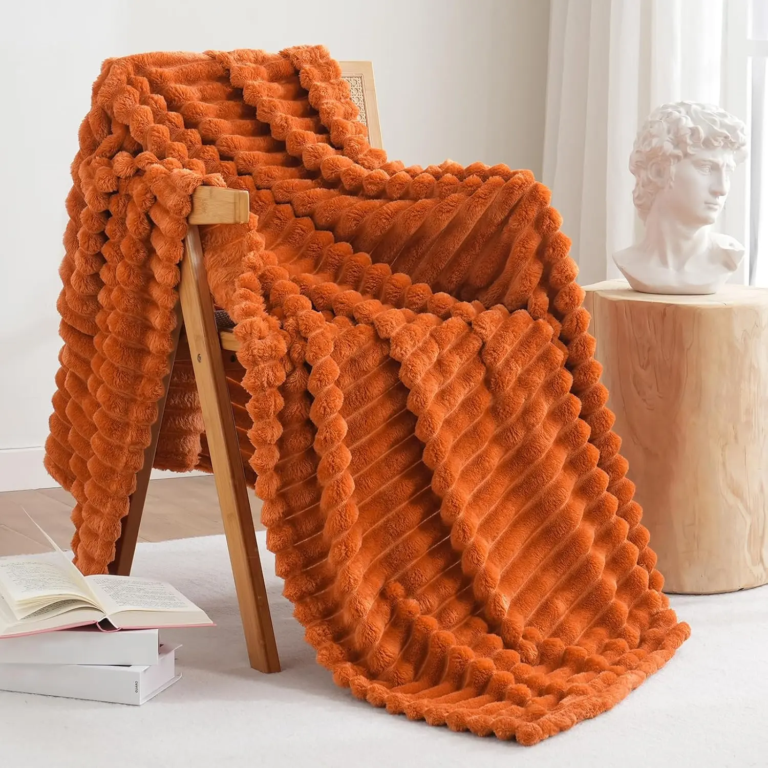 Solid Striped Flannel Fleece Blanket (40x50 inches, Burnt Orange) Cozy Throw Blankets for Couch Sofa and Bed, Super Soft Luxurious Warm Blankets for  and Pets