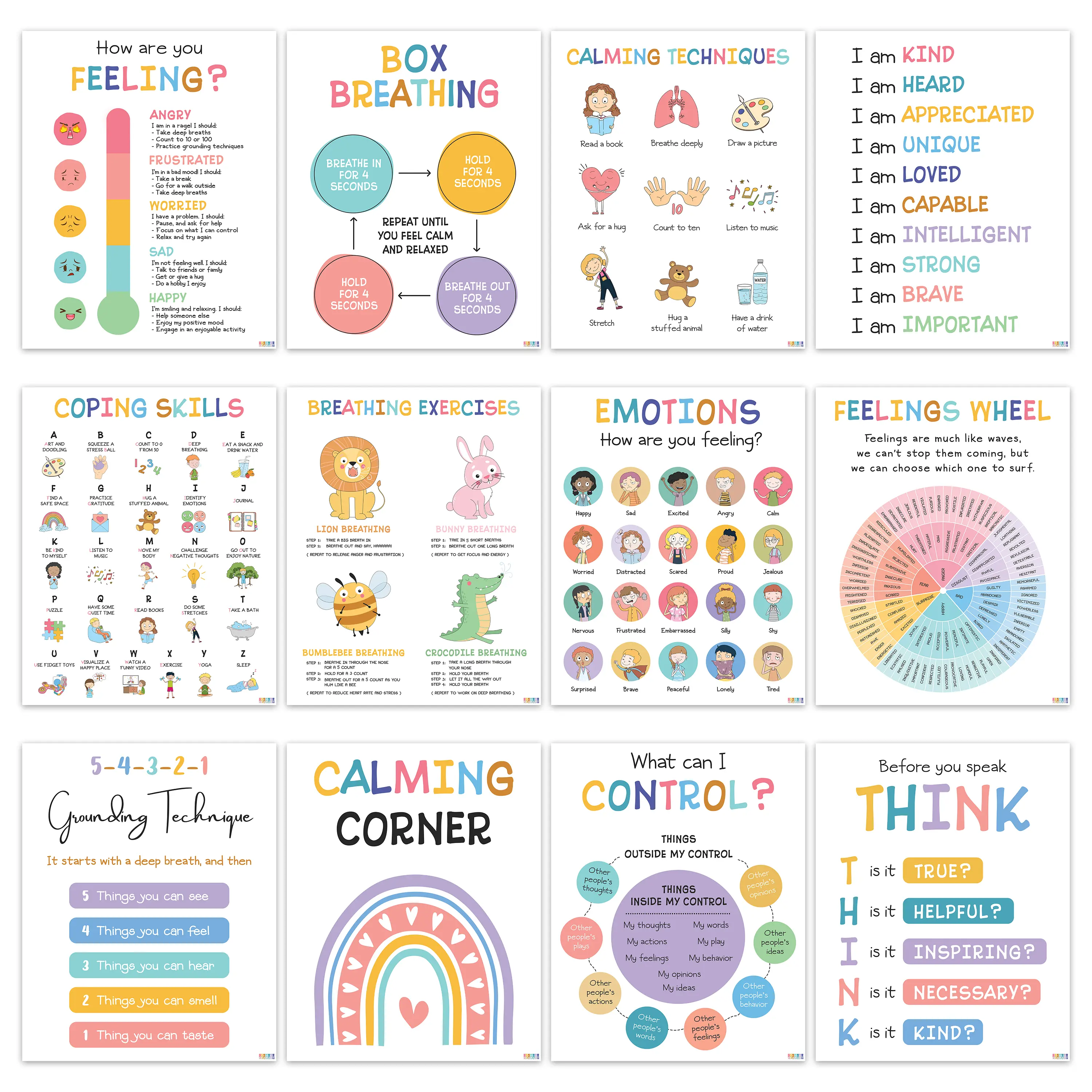 12 Calming 8x10 inch Posters Pack - Classroom Supplies Charts, Teaching Supplies, Home Classroom Decorations, Emotional Intelligence Visual Learning Tools for Kids’ Mental Health Support
