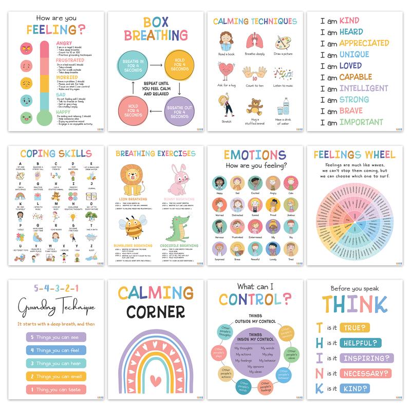 Calming Corner Classroom Posters 12 Pcs 8x10 Inches, Mental Health Therapy Office Decor for Kids Toddler, Emotional Intelligence, Big Feelings, Visual Learning Tools, Teaching Supplies, School Supplies