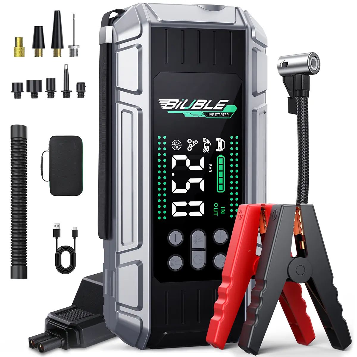BIUBLE (All Gas, 12L Diesel) Portable Car Jump Starter with Air Compressor, Blower All-in-One, Fast Charging 65W Laptop Power Bank with 150PSI Tire Inflator,  Car Battery Jump Starter Multi-Function
