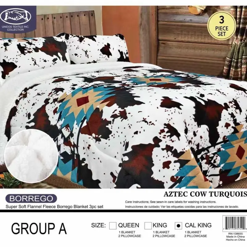 BORREGO 3-Piece Classic Western Flannel Fleece Blankets Set - Aztec Cow Print, Turquoise, Geometric, Queen Size (Fits King & Cal King), Western Decor, Bedroom Decor, French Country Bedding
