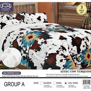 BORREGO Aztec Cow Turquoise Super Soft Flannel Fleece Borrego Blanket 3pc Set for Queen King & Cal King Sizes