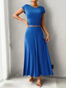 ZAFUL Women's Slim-fit High-stretch Temperament Short-sleeved Skirt Set Crew Neck Fitted Royal Blue Two-Piece Suits Gamis