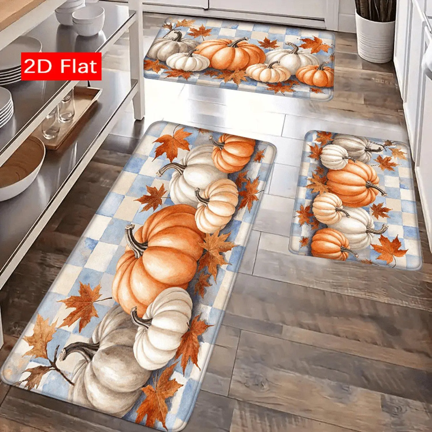1pc 2D Flat Autumn Pumpkin & Maple Leaf Flannel Floor Mat Lightweight Soft Comfortable Rug for Kitchen Porch Entryway Bedroom and Dining Area Cozy Decorative Floor Covering