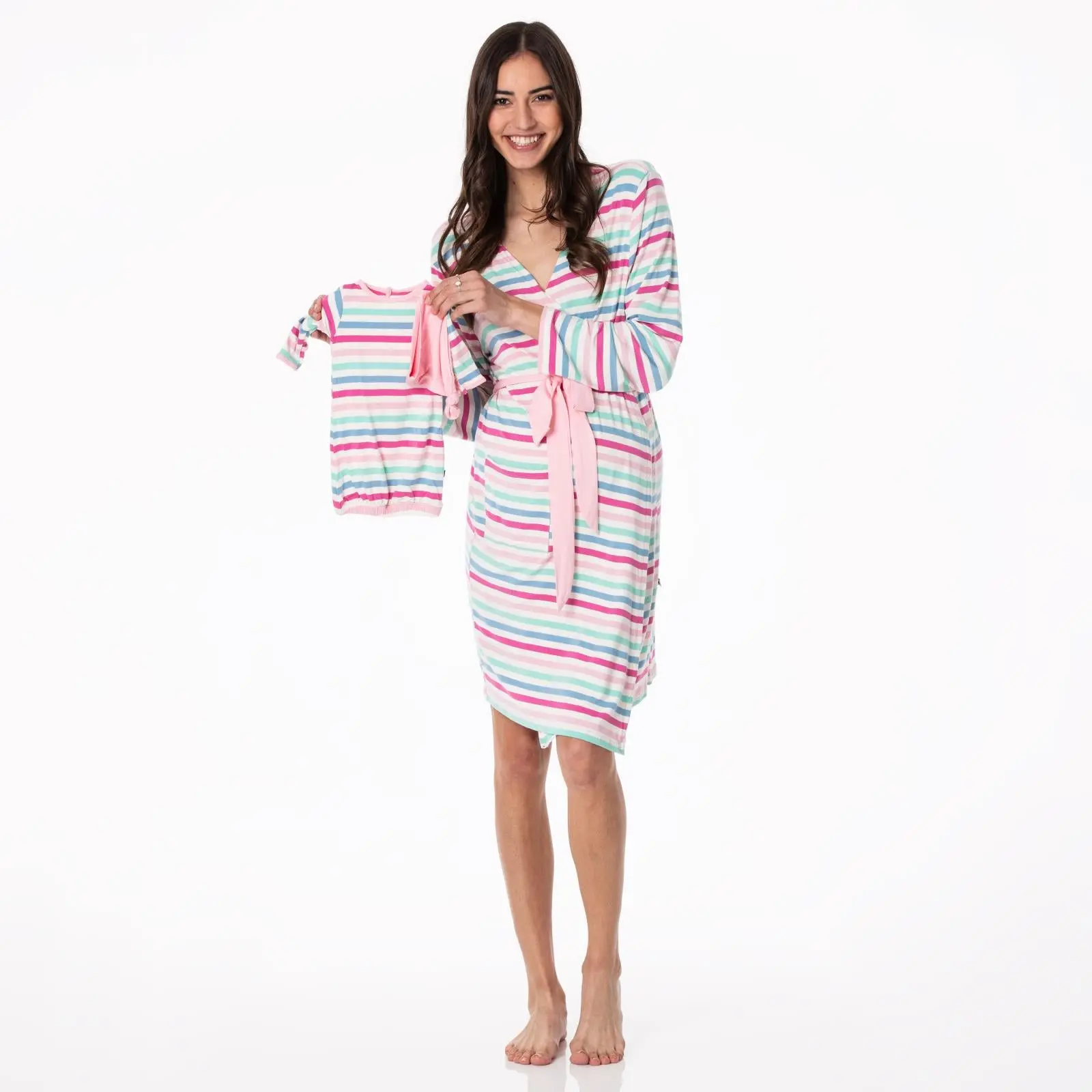 Women's Print Mid Length Lounge Robe & Layette Gown Set in Skip To My Lou Stripe