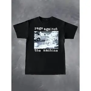 Men'S Black T-Shirt with "Rage Against the Machine" Print - Casual Crew Neck, Short Sleeve, Cotton, Mature Style, Summer Wear, Everyday Tshirt | Graphic Tee | Cotton Fabric