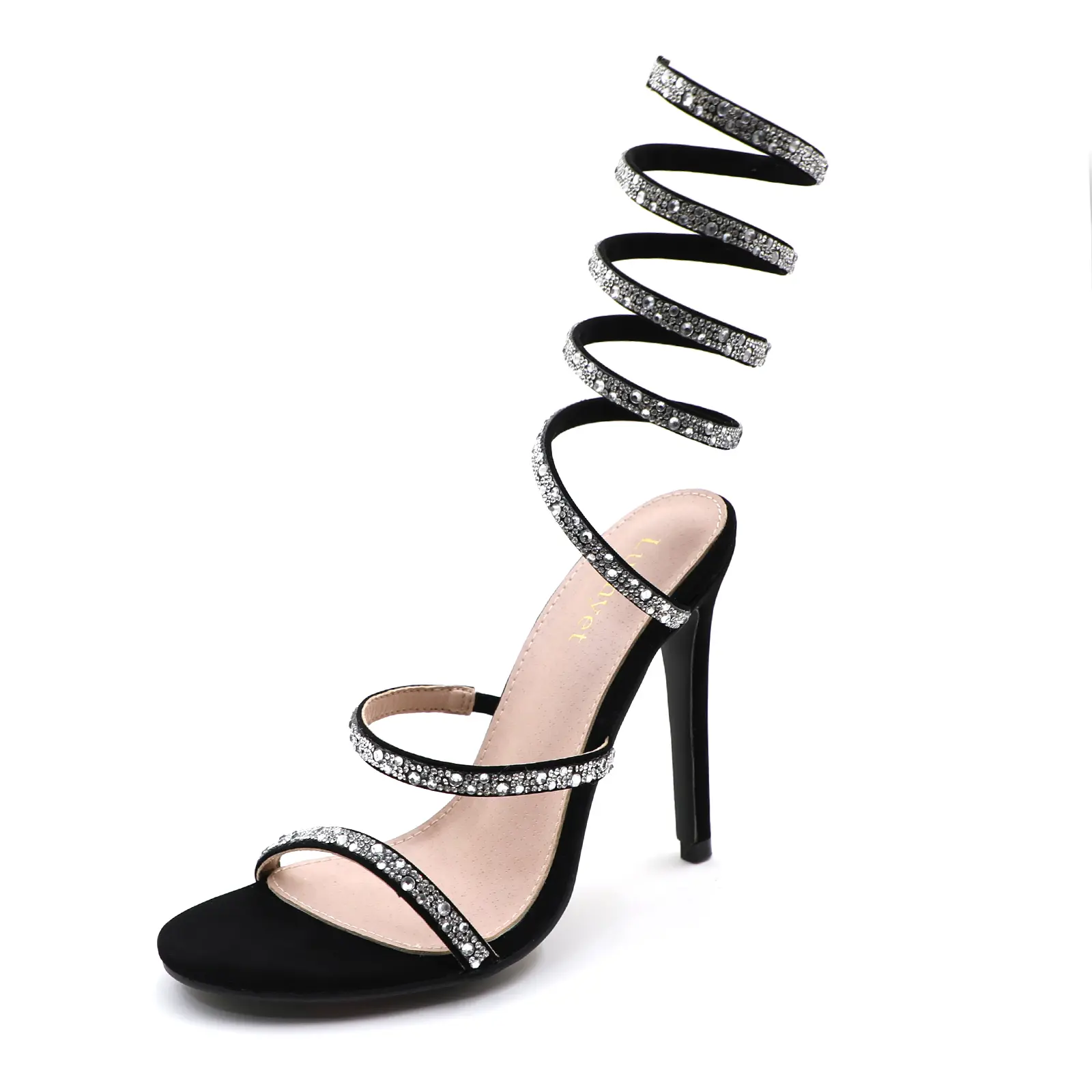 Women's Faux Leather Sparkly Rhinestone Spiral Wrap Ankle Coil Stiletto Sandals - Open Toe, Thin Strap, Adjustable Buckle Dance Heels for Wedding, Party Wear - Elegant Black Female Ballroom Dance Shoes, Thin Stiletto, Us Sizes, Footwear