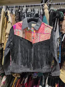 Embroidered patchwork and fringe distressed black denim jacket