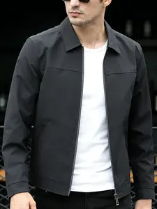 Men's casual jacket, 100% polyester fiber, easy to maintain fabric, zipper closure design, lightweight solid color versatile lapel jacket, machine washable, suitable for daily outings, sports and casual wear, and formal wear - Spring and Autumn