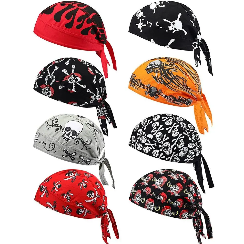 8 PCS Skull Pirate Print Do Rag Skull Caps Motorcycle Sweat Wicking Cooling Breathable Helmet Liner  for Men Biker Cycling Motorcycle Hiking Gym Outdoor Sports