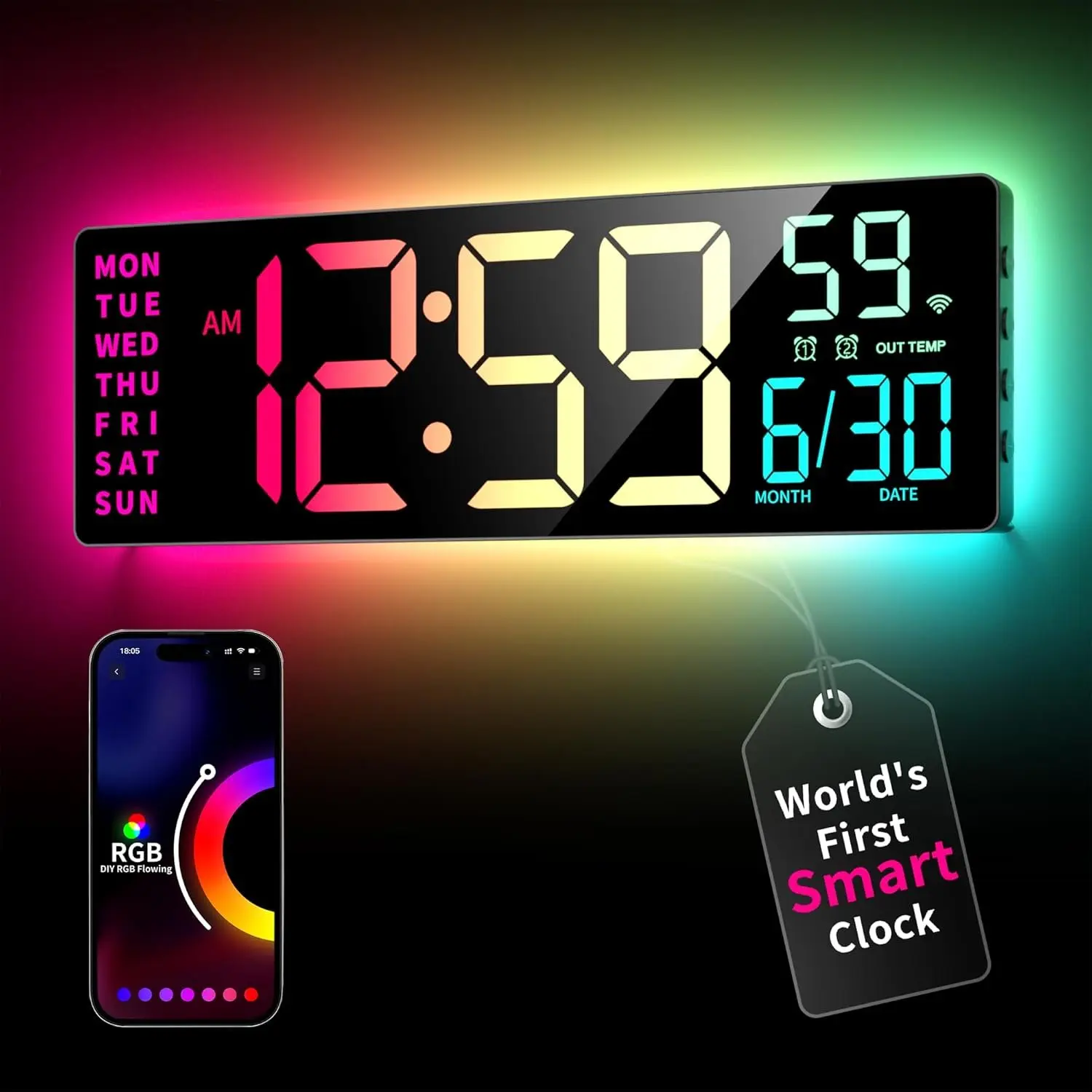 Digital Wall Clock with App Control, 16.5" Large RGBIC Wall Clock with Multiple DIY Color and  Sync, LED Display, Auto DST, Plug-in Clocks for Classroom  Gym Gaming