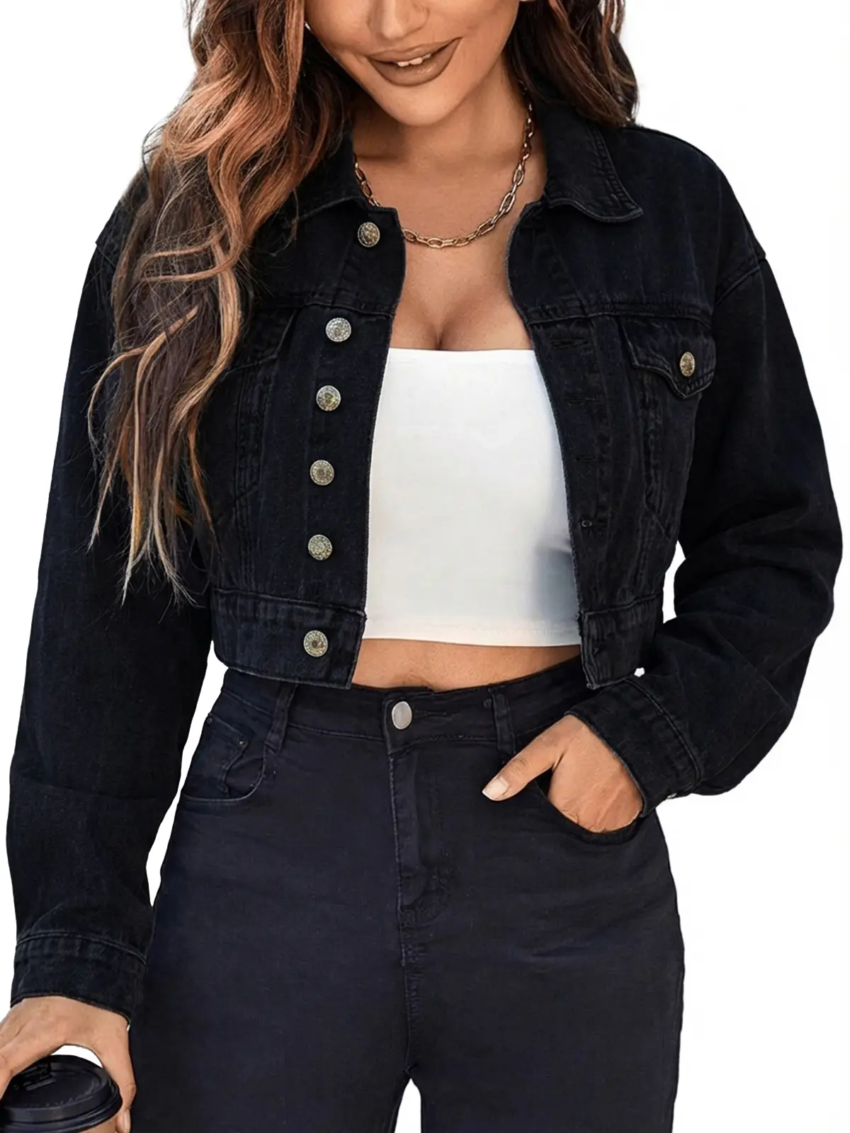 【NEW-IN SALE】EMMIOL Cropped Denim Jacket for Women Vintage, Oversized Jean Jacket Distressed Dark Wash, Baggy Short Coat