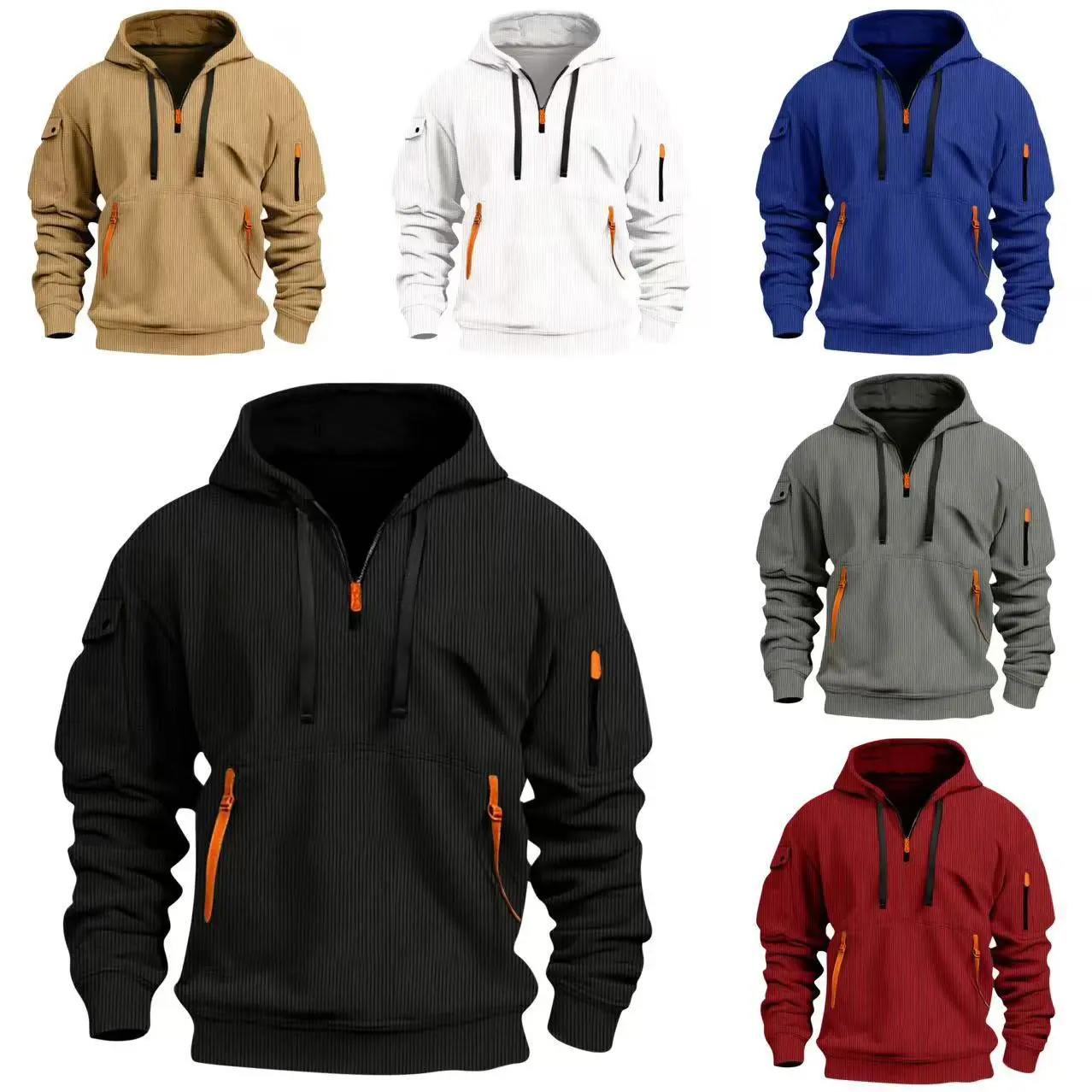 Menswear Stylish American Outdoor Workwear Men’s Hooded Sweatshirt, Vertical Ribbed Texture, Half-Zip Closure, Long Sleeves, Color-Block Orange, Multiple Side Kangaroo Pockets, Slim Fit, Fluid Drape, Solid Color Hood, Ideal for Hiking, Commuting