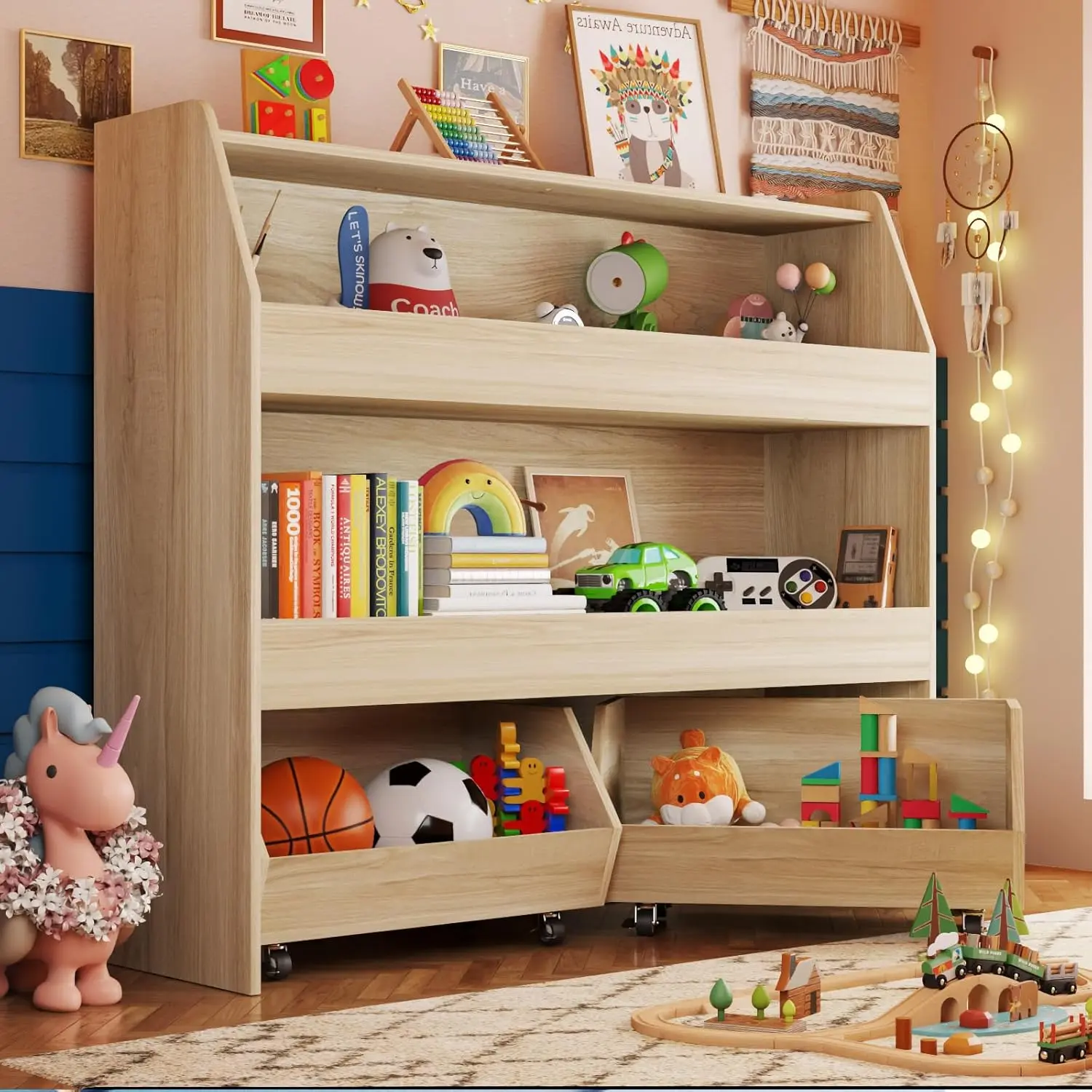 COZPAW 2-Tier-Modern White Multi-Tiered Montessori Organizing Shelf - Roll-Easy Bottom Bin for Mobility, Kids Room Corner Organize Rack with Deep Shelf for Books, Stuffed Toys, Snacks