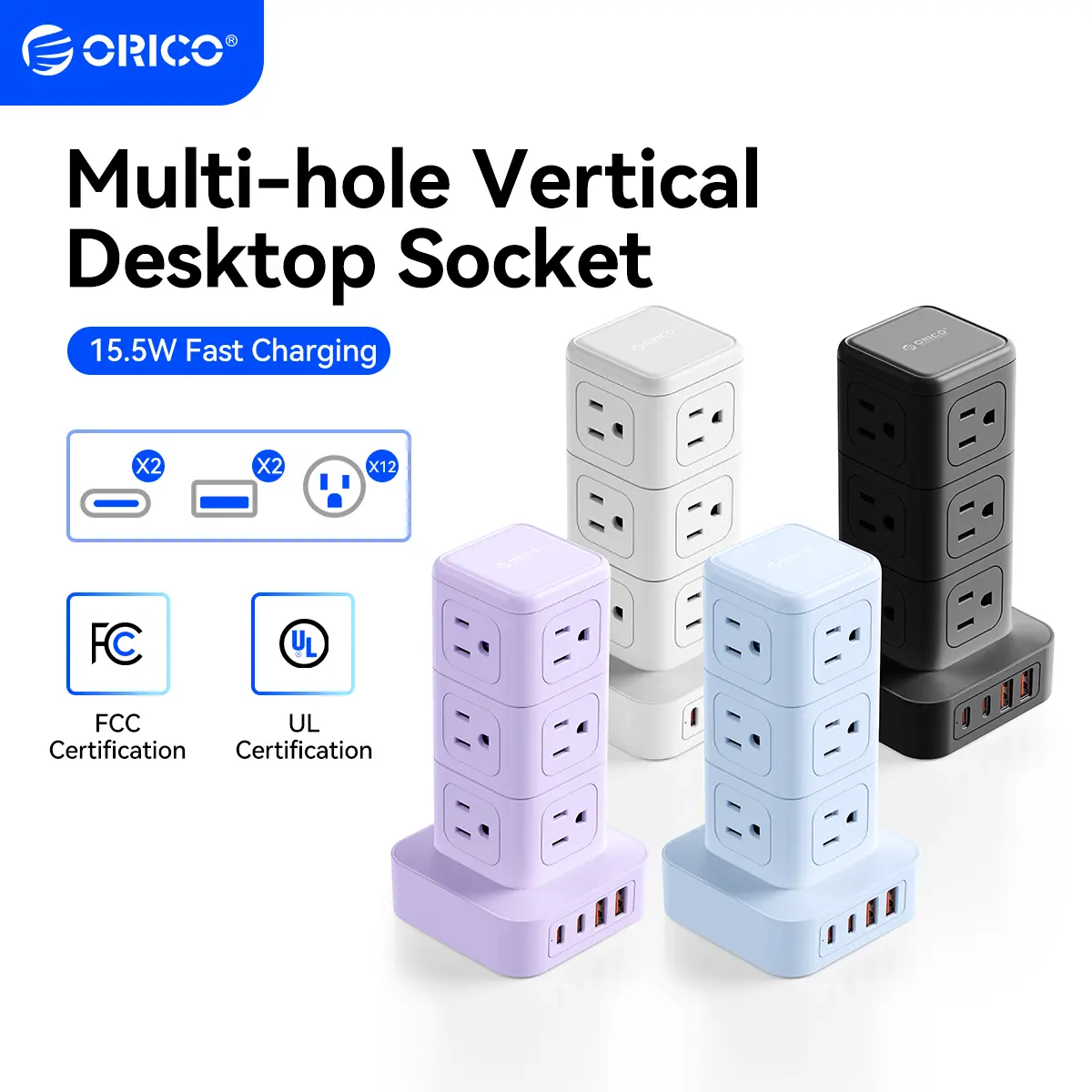 ORICO Multi Plug Power Strip Tower with USB Ports, 12 AC Outlets, 4 Ports (2 USB-C), 5FT Extension Cord, Space-Saving Charging Station for Home Office Dorm-TPP, Power Strips With Usb Ports