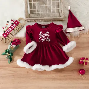 Infant Baby Girl Christmas Santa Costume Outfit Contrast Color Long Sleeve A-Line Dress Romper + Hat Fall Winter 0-24 Months
