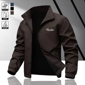 Men's casual and stylish stand-up collar jacket with letter print design. Made of lightweight, windproof fabric with a zipper. Suitable for everyday commuting, going out, or work. A trendy and versatile outerwear piece, perfect for spring and summer.