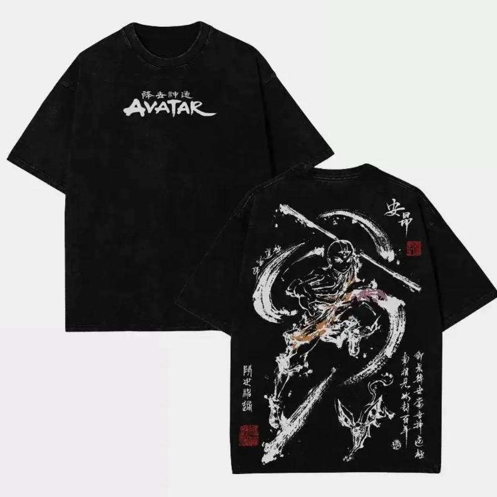 Aang Shirt Avatar the Last Airbender Animated Vintage T-Shirt Menswear Top Underwear The Last Air Nomad Anime Double Printed Washed Tee Unisex Oversize Streetwear - Oversized
