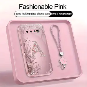 Suitable for [Galaxy S10 Plus] high-end women's phone case🤩，a beautiful four-leaf clover lanyard is included🍀，Exquisite floral print, non-3D rhinestones, 26 letters to choose from YM99