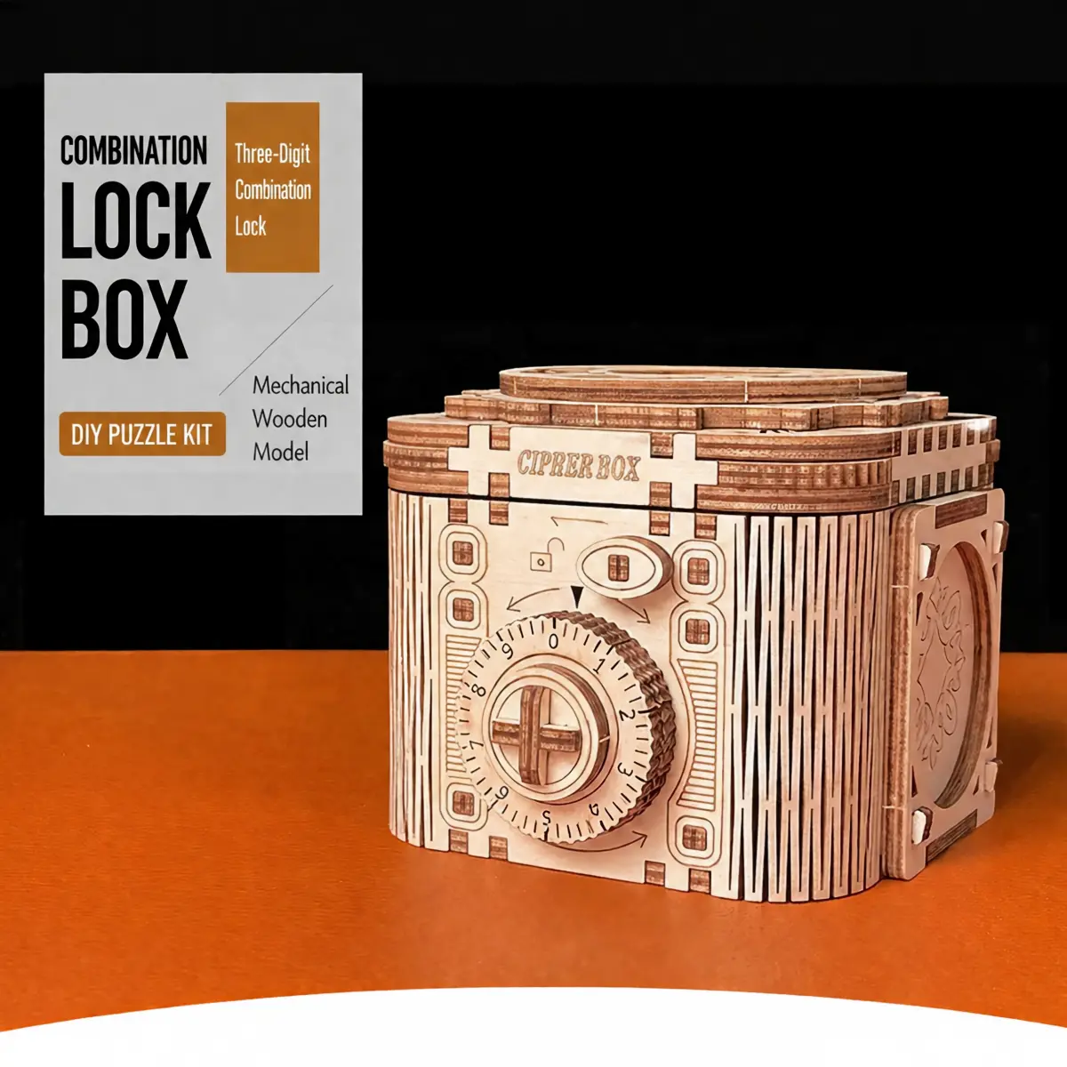 DIY Wooden Mechanical Cipher Box 3D Puzzle Kit, Secret Lock Box, Gear Driven Combination Safe Model, Brain Teaser Building Toy, Desktop Storage Gift for Adults & Teens
