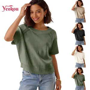 Yeokou Women Knit Crochet Top Short Sleeve Crew Neck Loose Fit Pullover Sweater Summer Fall Fashion Casual Knitted Blouse