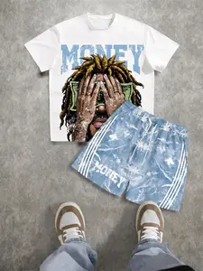 90s Hip-Hop Style 'money' Print T-Shirt + Tie-Dye Shorts Set, Menswear, Outfit, Retro Y2K Aesthetic, Casual Summer, Streetwear Fashion