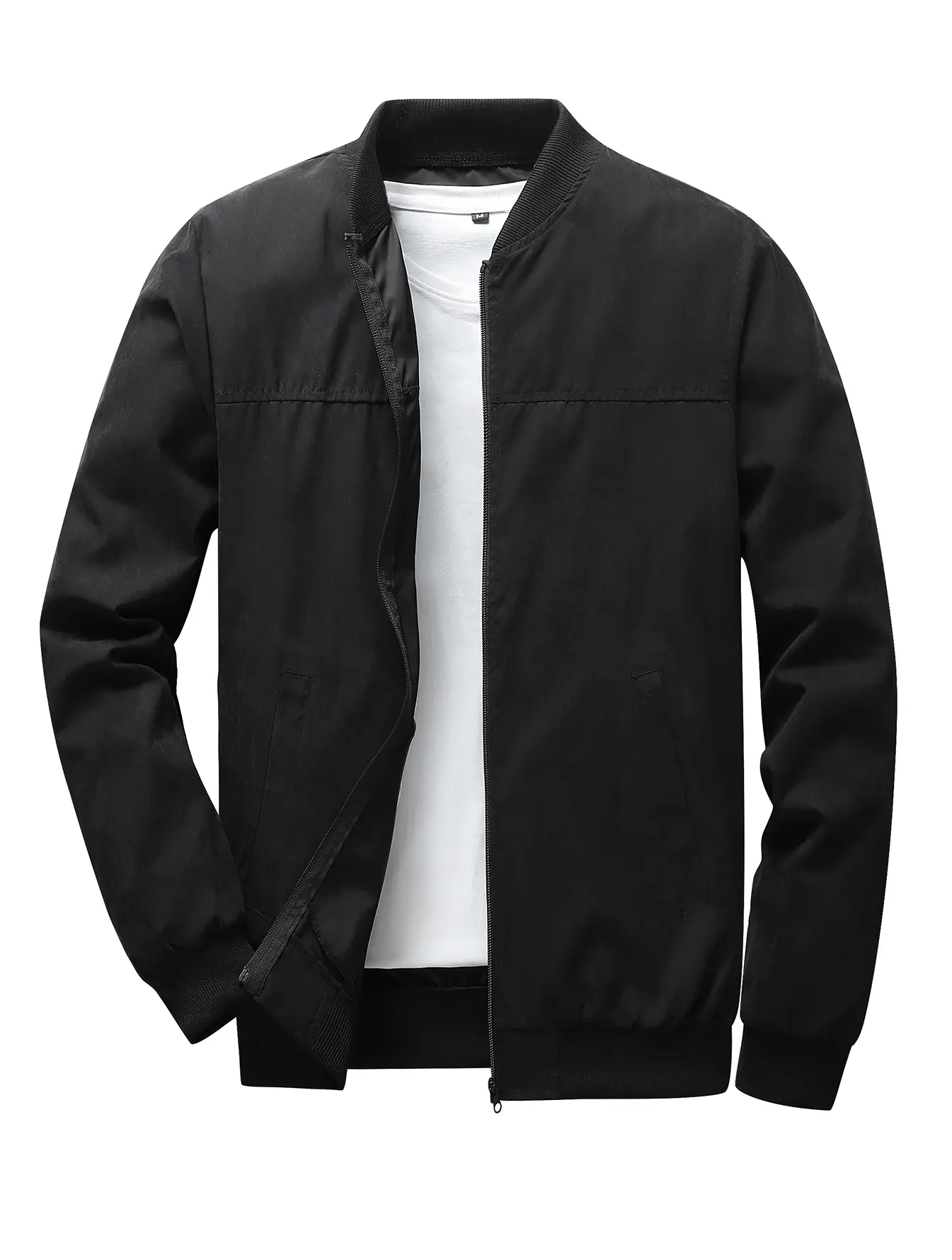 Men's Black Solid Color Zip-Up Bomber Jacket with Stand Collar Casual Style