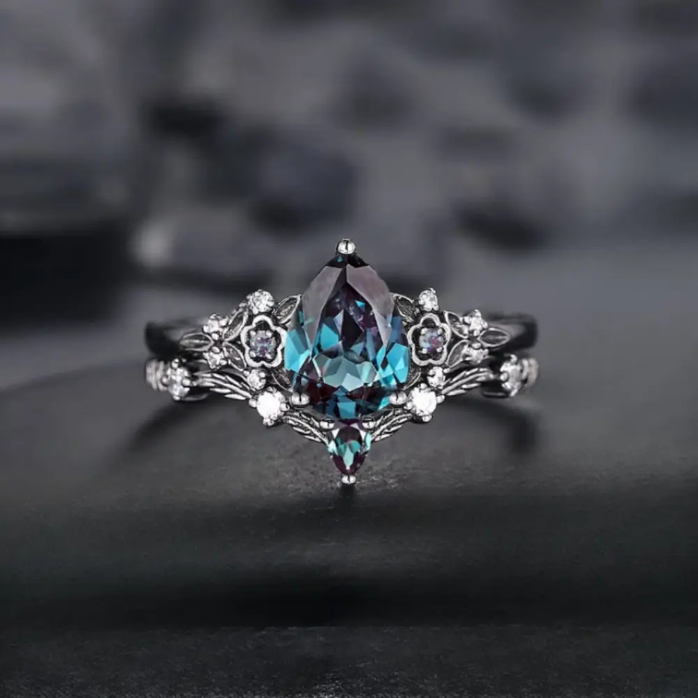 Engagement Rings with Artificial Stones Black Flower Engagement Ring Set with Unique Platinum Black Magic Ring as Gift for Bride, Friends and Relatives