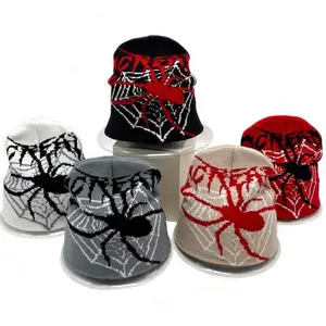 Unisex Y2K Knitted Beanie Hat with Halloween Spider Web Asymmetric Letter Pattern Warm Woolen Cap for Hip-Hop Rock Outdoor Fishing Party and Gift Fall Outfit
