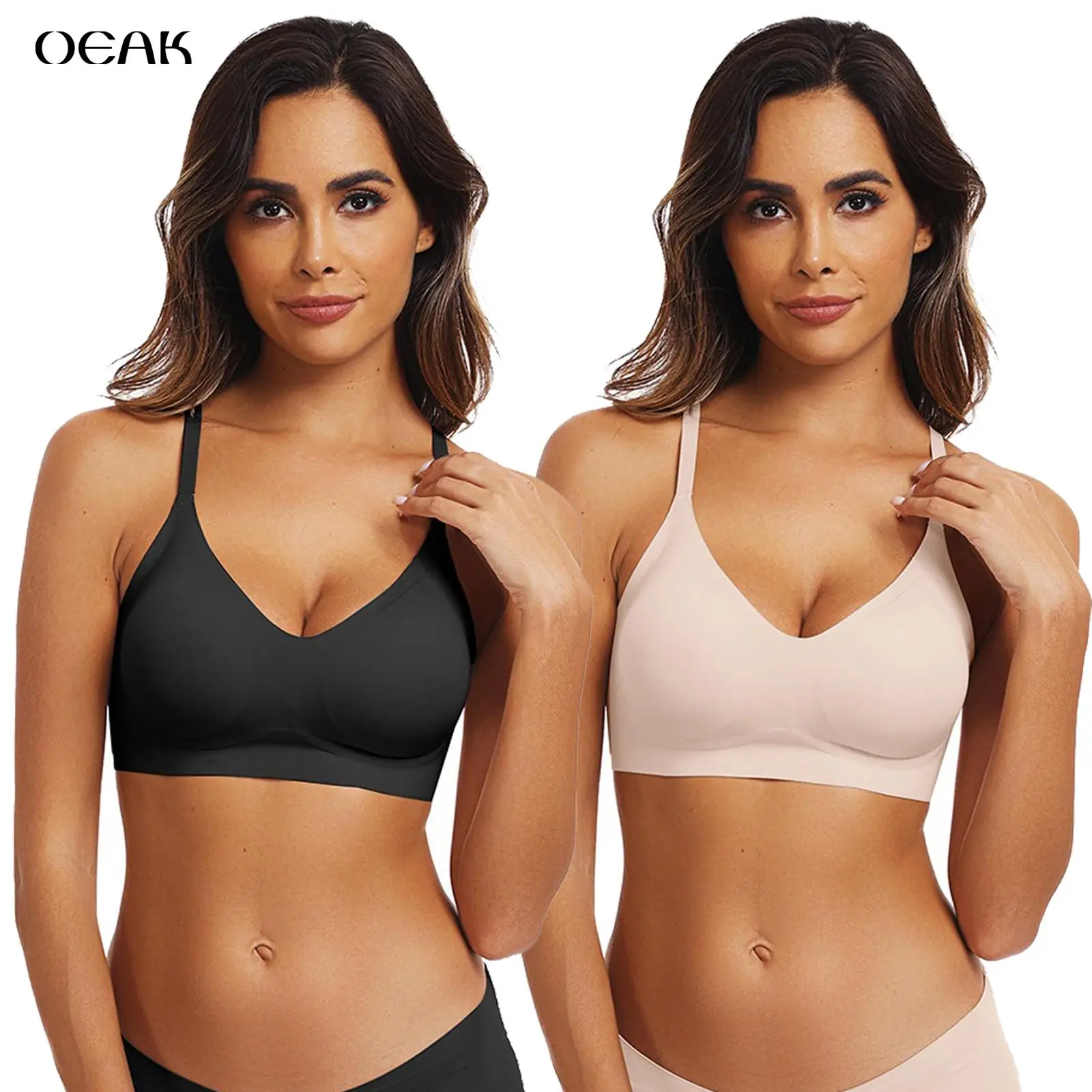 OEAK 2PCS Women Breathable Adjustable Wireless Full Coverage Sport Everyday Seamless Bra No Underwire Comfort Push Up Bras Set
