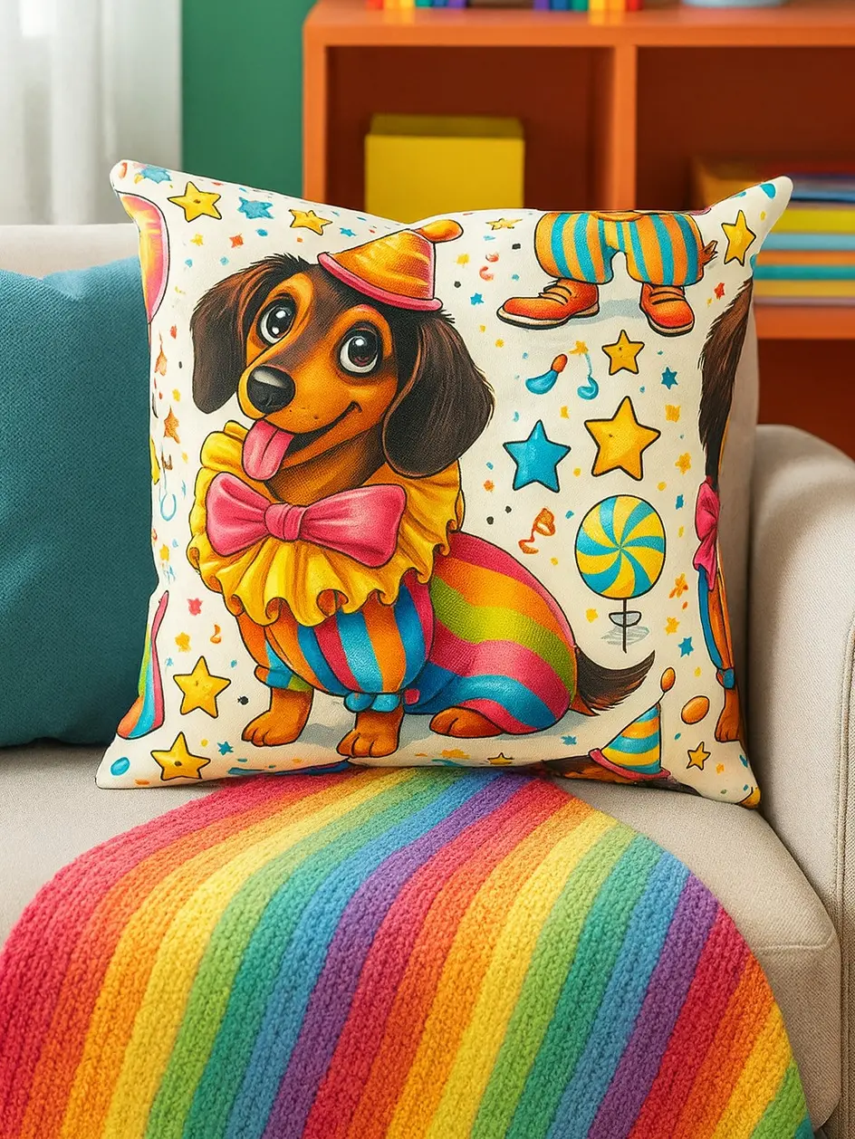 Cute Dachshund Clown Pillow | Colorful Wiener Dog Throw Pillow | Funny Circus Dog Lover Gift | Decorative Pet Accent Cushion