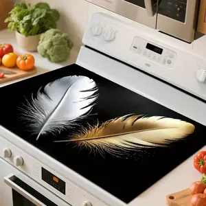 Feather Elegance Stove Mat 1pc Kitchen Stove Top Protector Mat | 72×52cm/28. 3×20. 4inch Black Diatom Mud Mat with Silvery and Golden Feather Design, Non-Slip Pad for Cooktops, Coffee Machine & Kitchen Decor Coasters Tableware