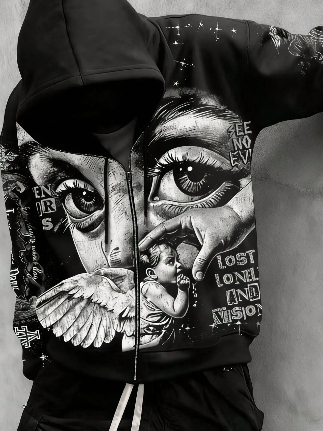 Gothic Hooded Sweatshirt, Full Zipper Design, Angel Eye Print, / Options, Vintage Pattern, Loose Fit, Unisex Streetwear