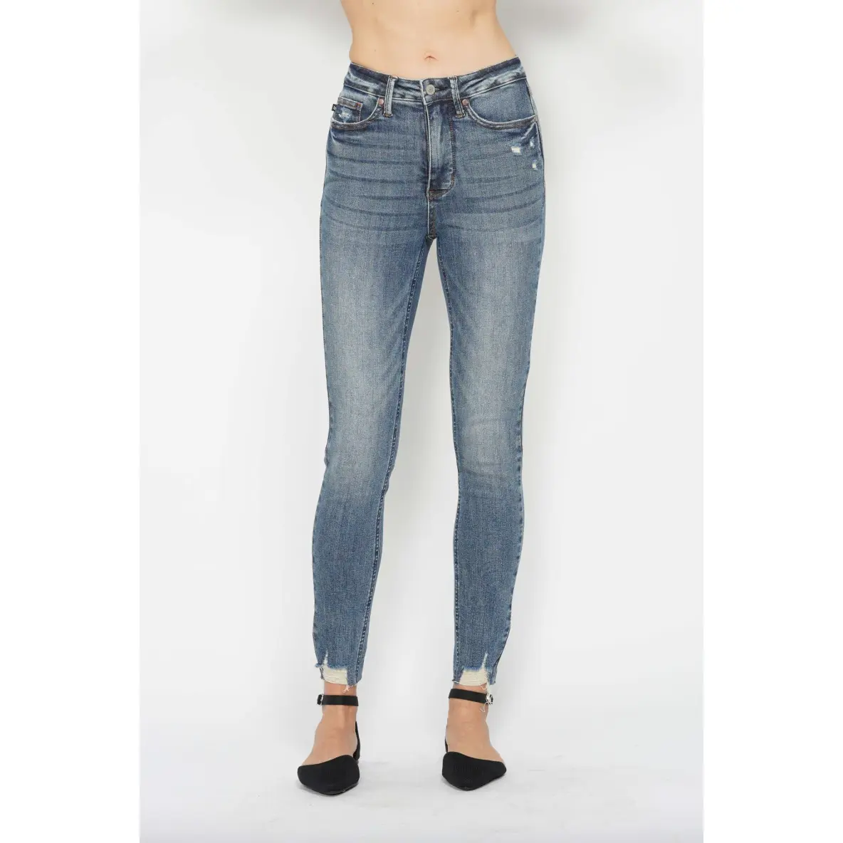Judy Blue Tummy Control Vintage Wash Destroy Hem Skinny Jeans