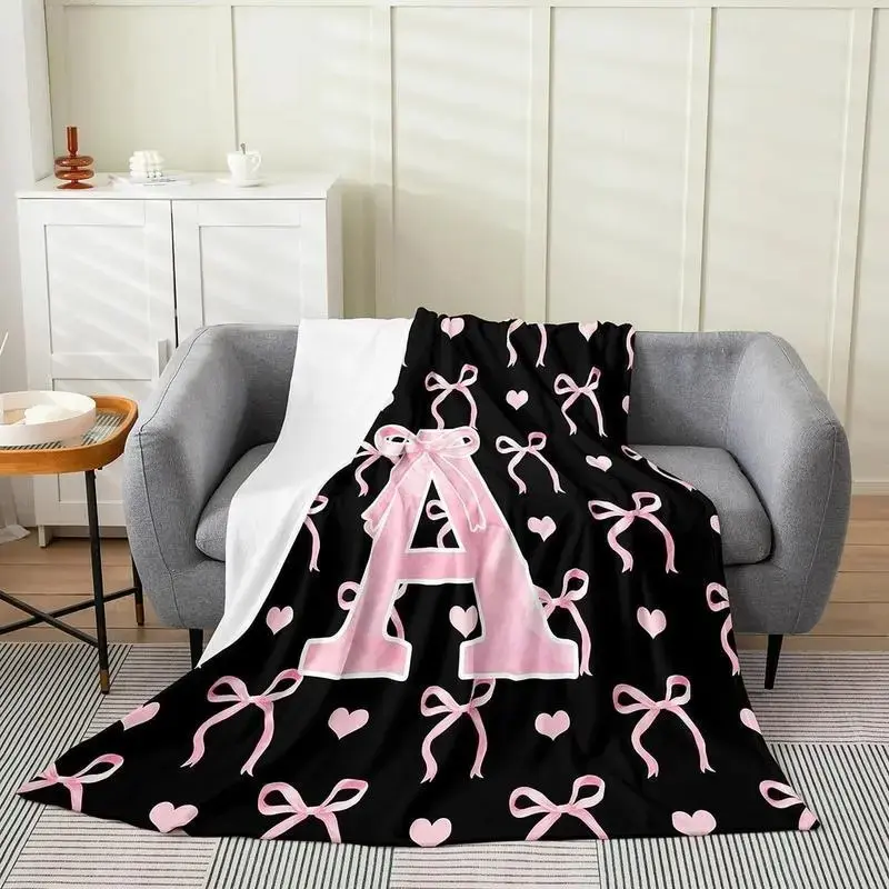 A to Z Initial Alphabet Flannel Throw Blanket in black and pink tones, personalized monogram blanket as warm gifts for teen girls, ladies and daughters, soft lightweight decor blanket for bedroom, bedding and office spaces