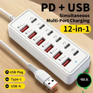12-Port USB Fast Charging Station, 6-Type C PD + 6-USB a Ports, Multiple USB Port, for Laptops Tablets Multi Devices, Compact Design, High-Speed Charging, USB Port Hub
