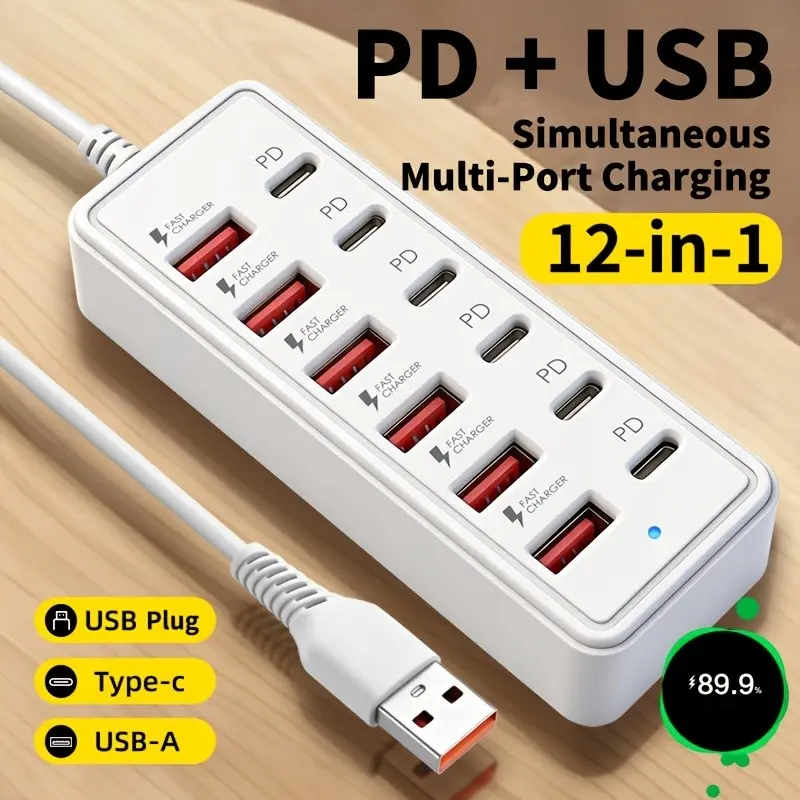 12-Port USB Fast Charging Station, 6-Type C PD + 6-USB a Ports, Multiple USB Port, for Laptops Tablets Multi Devices, Compact Design, High-Speed Charging, USB Port Hub