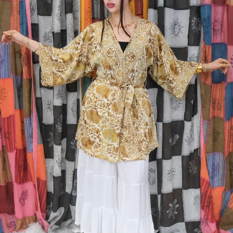 Women's Lightweight Short-Sleeve Viscose Kimono - Upcycled Plant-Fabric Handmade Boho Clothing, Beach Cover-Up, Summer Loungewear Gift for Her, Soft Flattering-Fit Clothes for Women