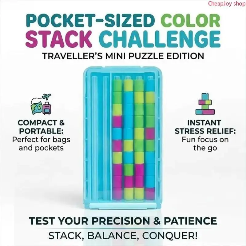 Mini Color Stack Challenge - Compact Logic & Brain Teaser Travel Game with 40 Rings | Fun Gift for Focus and STEM Training (1 or 2 Pack)