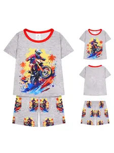 Boys' Short Sleeve Pajama Set, Motorcycle Print, Comfortable Home Wear, Casual Fitted H-Type, Ideal for Playing and Relaxing, Pajamas, Summer Pajama Set