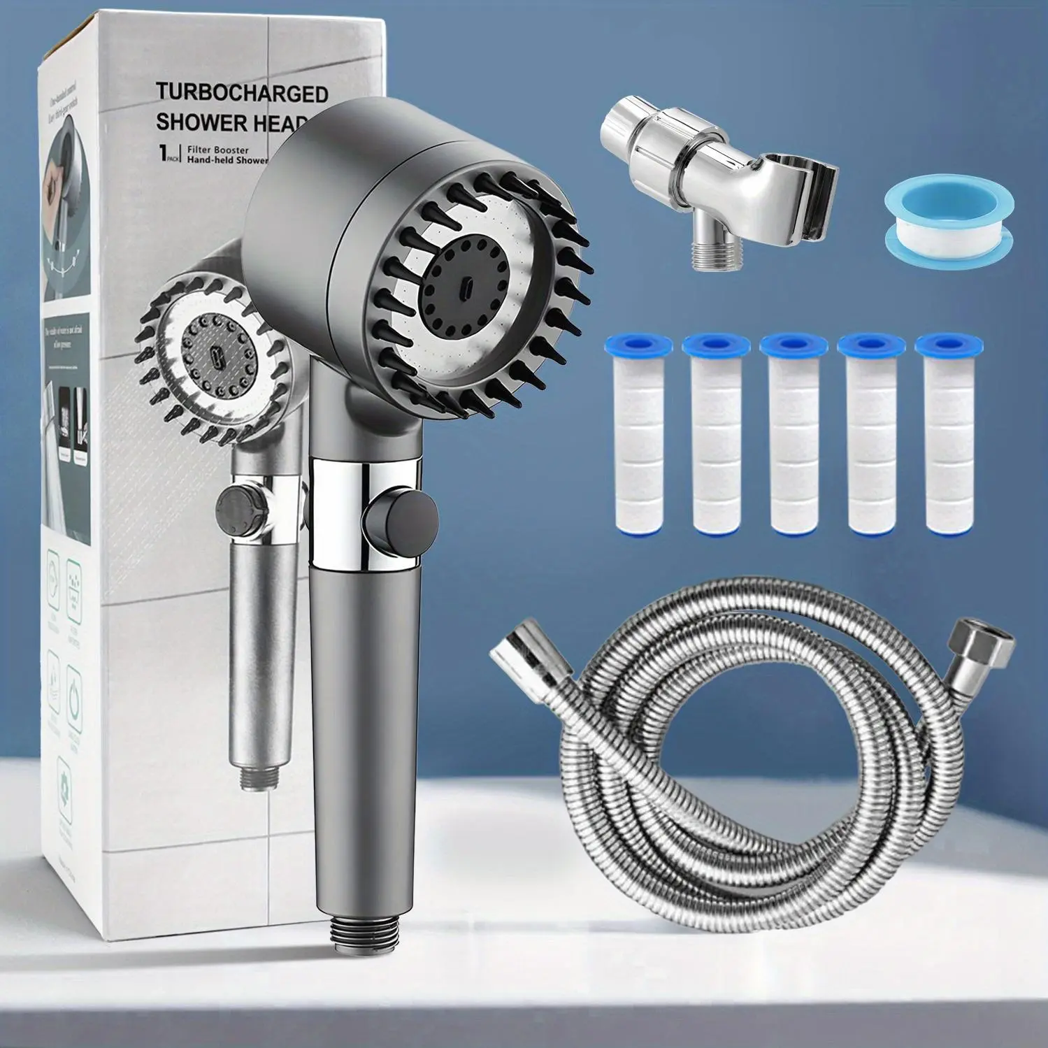 Filtered Shower Head with Handheld, High Pressure Shower Head 4 Spray Modes, Shower Head with ON/ OFF Switch for Pets, Shower Heads Combo with Hose And 5 Filter Element for Shower Use Only