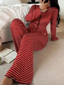 Women's Knitted Casual Loose Striped Print Open Front Long Sleeve Pants Sleepwear Set, Comfortable Nightwear for Everyday Use