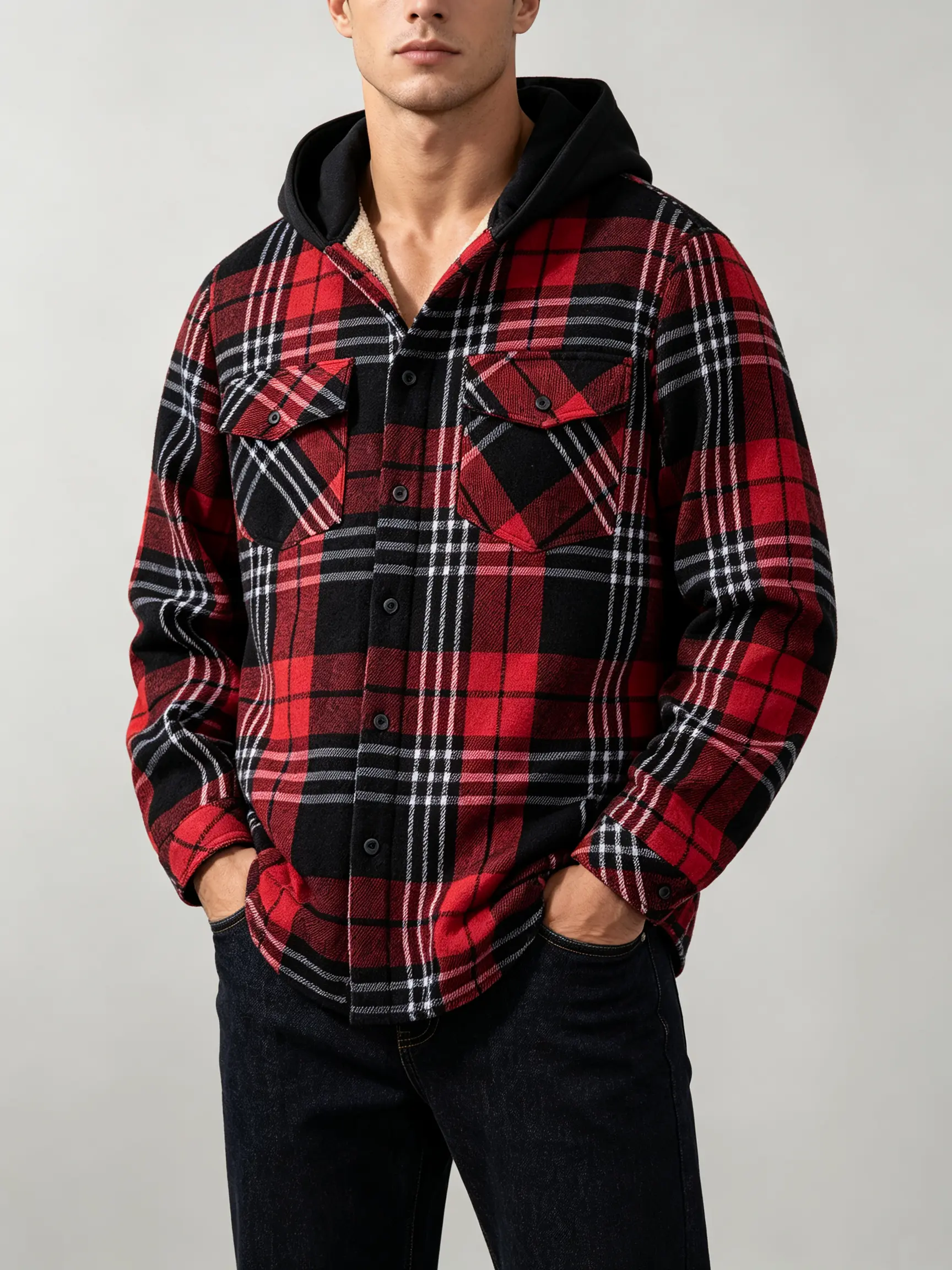 Men’s plaid flannel shirt jacket with fleece lining and hood, long sleeves, button closure, warm for autumn/winter, casual outerwear with pockets