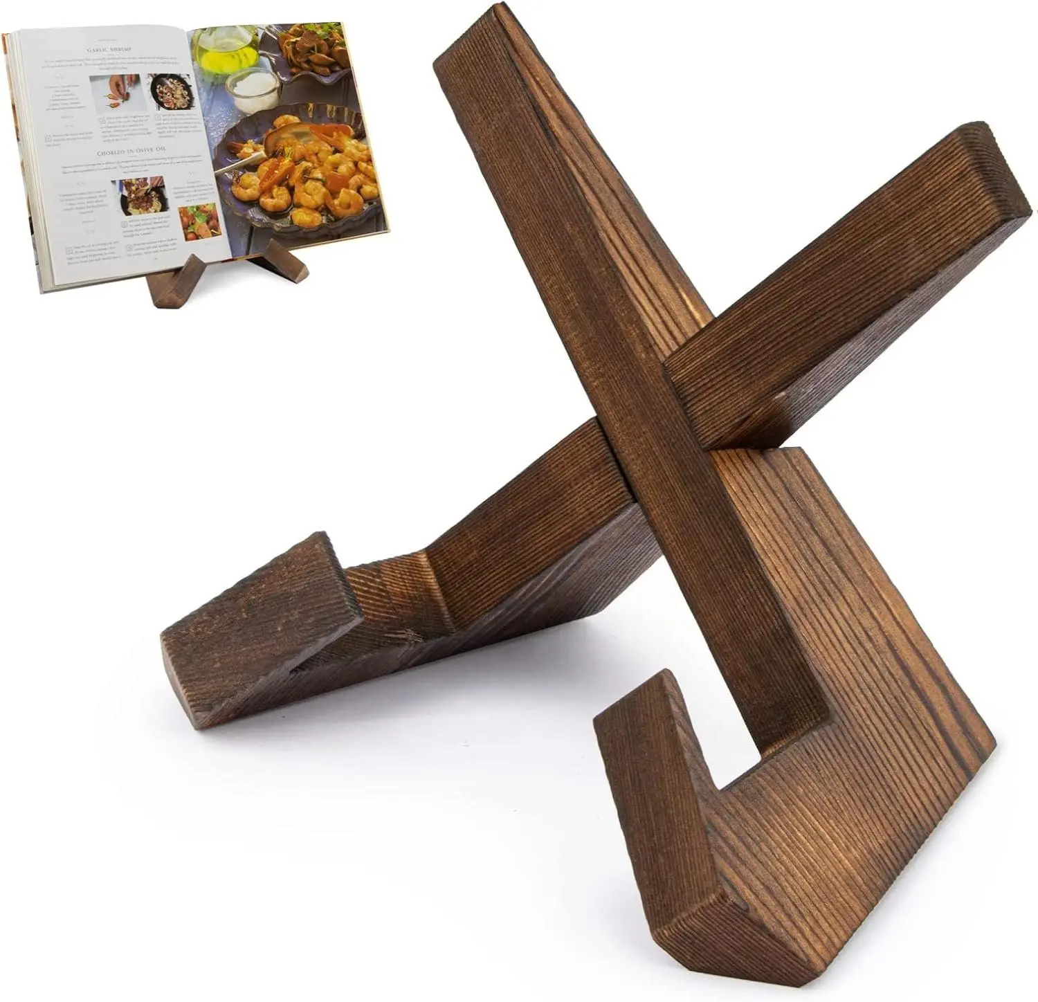 Cookbook Stand for Kitchen, Recipe Book Holder for Kitchen Counter, Wooden Cookbook Holder, Rustic Cook Book Holder Stand - Rustic Brown